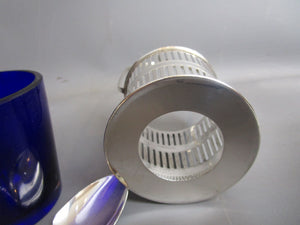 Sterling Silver And Bristol Blue Glass Preserve Pot And Spoon Antique Edwardian Birmingham 1905