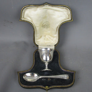 Sterling Silver Egg Cup And Spoon In Fitted Box Antique Edwardian Birmingham 1917