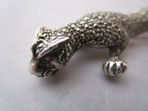 Sterling Silver Marcasite Panther Brooch With Ruby Eyes Vintage Mid Century c1960