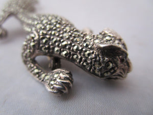 Sterling Silver Marcasite Panther Brooch With Ruby Eyes Vintage Mid Century c1960