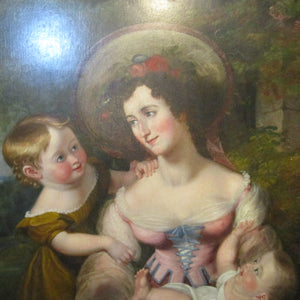 Large English Oil Painting of a Mother and Children In Country Garden Antique Georgian c1820