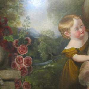 Large English Oil Painting of a Mother and Children In Country Garden Antique Georgian c1820