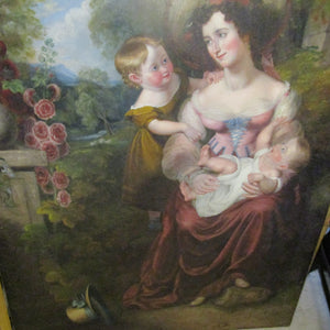 Large English Oil Painting of a Mother and Children In Country Garden Antique Georgian c1820