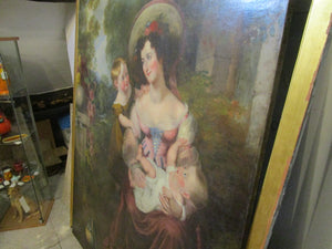 Large English Oil Painting of a Mother and Children In Country Garden Antique Georgian c1820