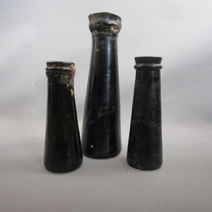 Three Black Glass French Truffle Bottles hand blown Antique Victorian c1860