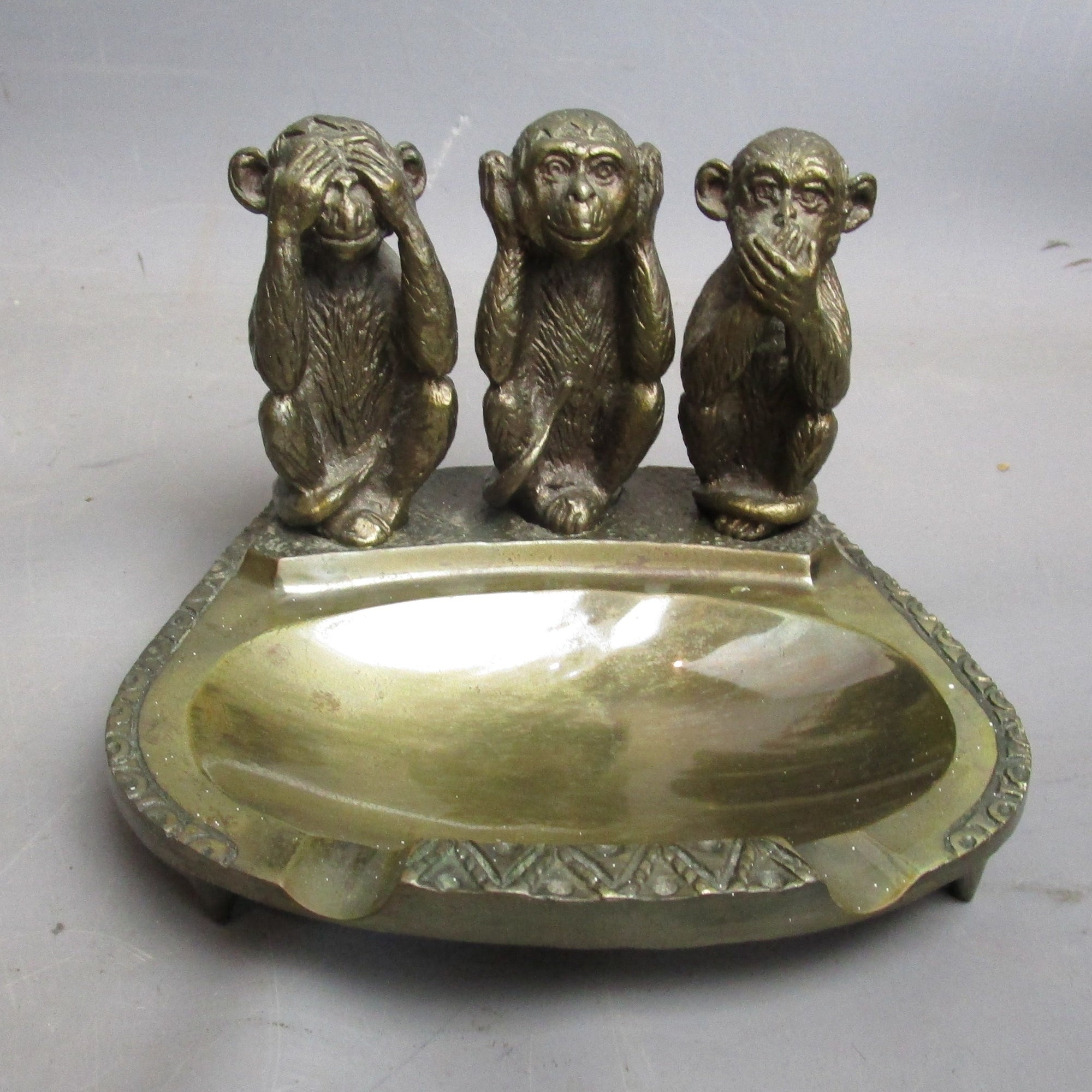 USSR Cast Bronze Three Wise Monkeys Ashtray Vintage c1990