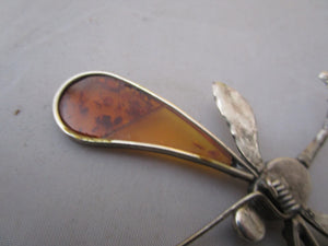 Sterling Silver And Amber Dragonfly Brooch Pin Vintage c1970