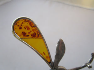 Sterling Silver And Amber Dragonfly Brooch Pin Vintage c1970