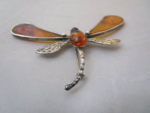 Sterling Silver And Amber Dragonfly Brooch Pin Vintage c1970