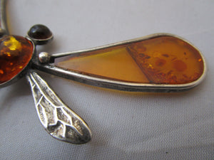 Sterling Silver And Amber Dragonfly Brooch Pin Vintage c1970