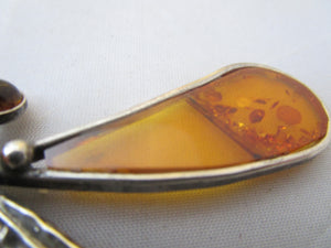 Sterling Silver And Amber Dragonfly Brooch Pin Vintage c1970