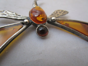 Sterling Silver And Amber Dragonfly Brooch Pin Vintage c1970