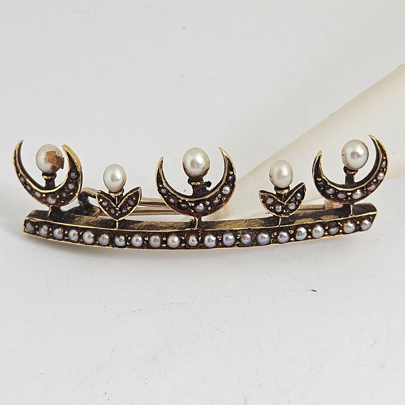 Crescent Moon Seed Pearl and 15k Gold Brooch Pin Antique Edwardian c1910