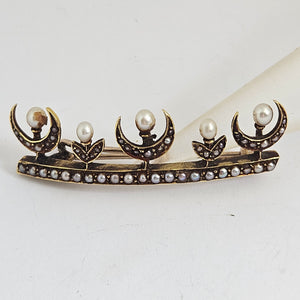 Crescent Moon Seed Pearl and 15k Gold Brooch Pin Antique Edwardian c1910