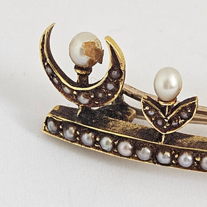 Crescent Moon Seed Pearl and 15k Gold Brooch Pin Antique Edwardian c1910
