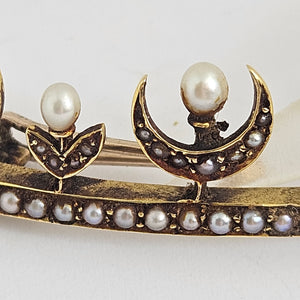 Crescent Moon Seed Pearl and 15k Gold Brooch Pin Antique Edwardian c1910
