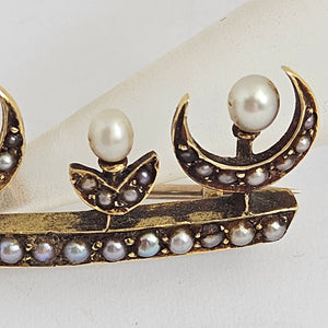 Crescent Moon Seed Pearl and 15k Gold Brooch Pin Antique Edwardian c1910