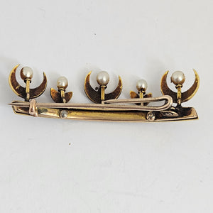 Crescent Moon Seed Pearl and 15k Gold Brooch Pin Antique Edwardian c1910