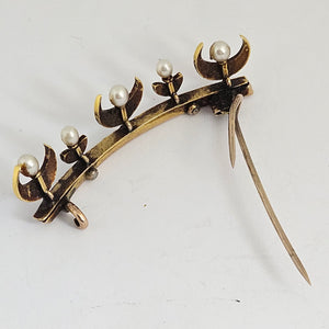 Crescent Moon Seed Pearl and 15k Gold Brooch Pin Antique Edwardian c1910