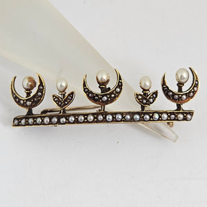 Crescent Moon Seed Pearl and 15k Gold Brooch Pin Antique Edwardian c1910