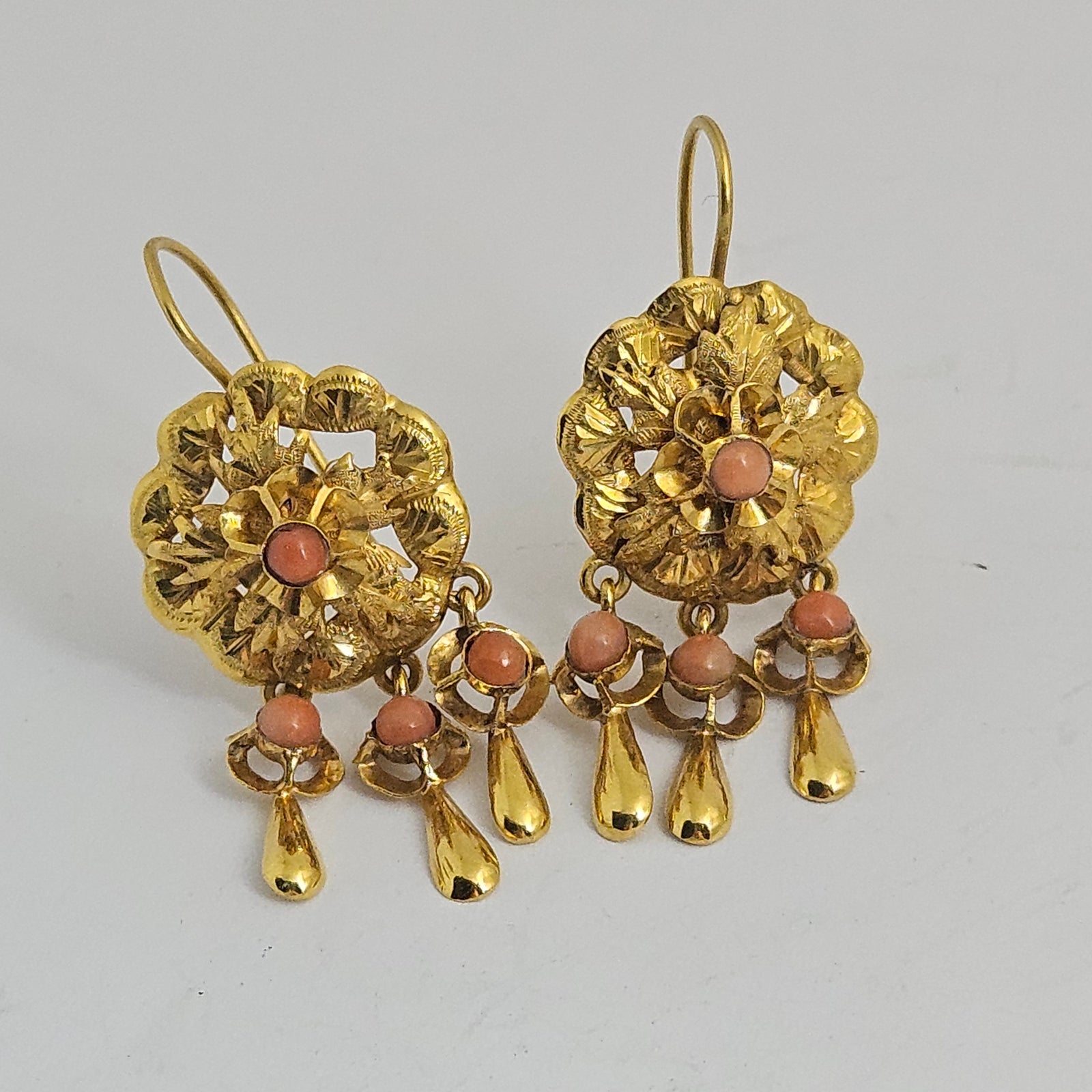 Coral in 15k Gold Dangling Ear Pendant Earrings Antique Victorian c1860