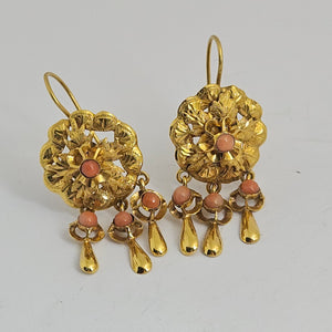 Coral in 15k Gold Dangling Ear Pendant Earrings Antique Victorian c1860