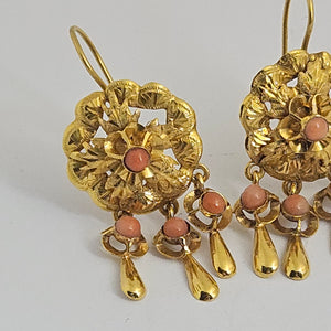 Coral in 15k Gold Dangling Ear Pendant Earrings Antique Victorian c1860