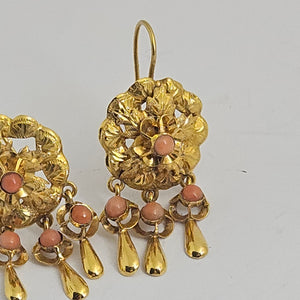 Coral in 15k Gold Dangling Ear Pendant Earrings Antique Victorian c1860