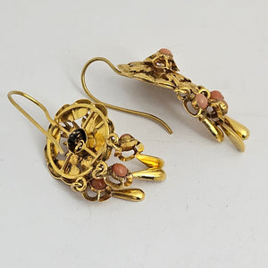 Coral in 15k Gold Dangling Ear Pendant Earrings Antique Victorian c1860