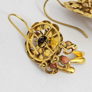 Coral in 15k Gold Dangling Ear Pendant Earrings Antique Victorian c1860
