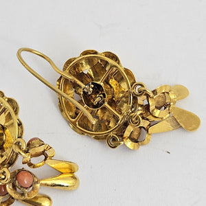 Coral in 15k Gold Dangling Ear Pendant Earrings Antique Victorian c1860