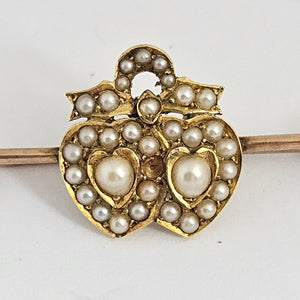 Seed Pearl in 15k Gold Double Heart Brooch Pin Antique Victorian c1890