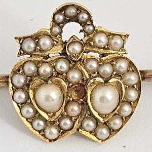 Seed Pearl in 15k Gold Double Heart Brooch Pin Antique Victorian c1890