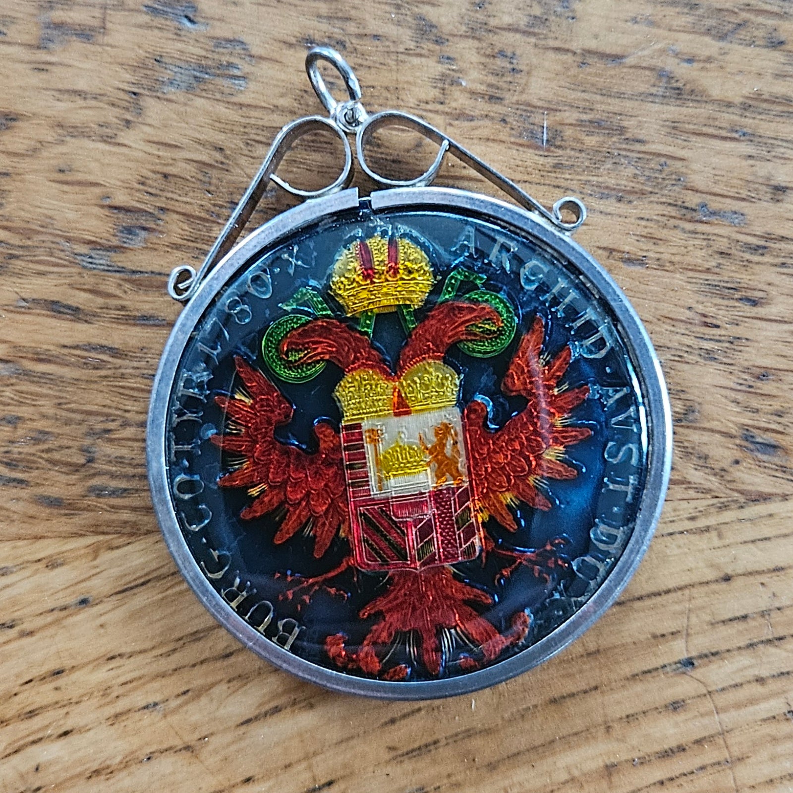 1780 Austrian Maria Theresa Enamel and Sterling Silver Coin Pendant Antique