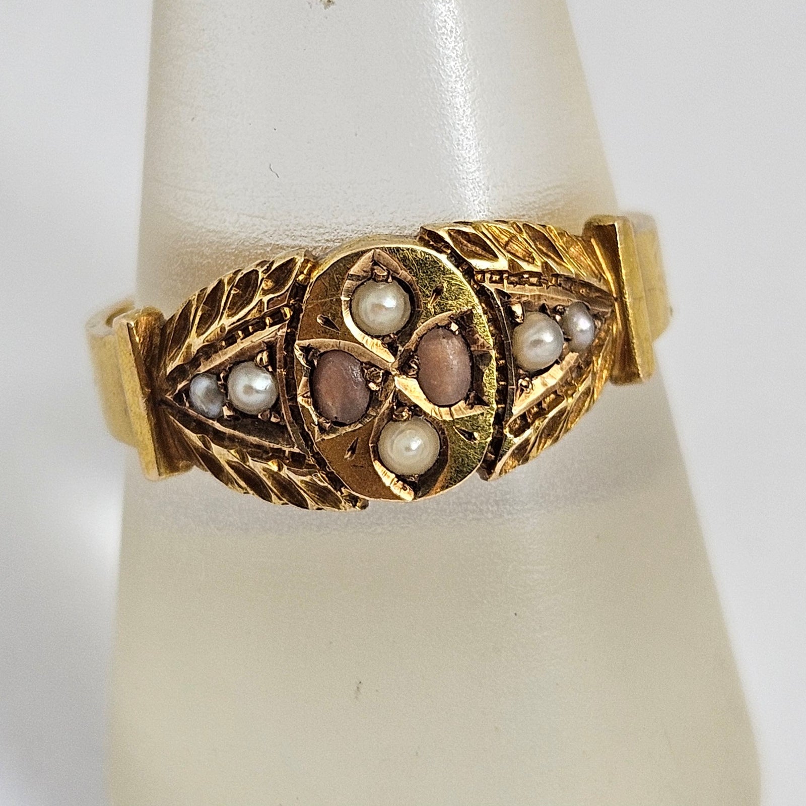 Coral and Seed Pearl 18k Gold English Hallmark 1888 Ring Size UK R Antique Victorian