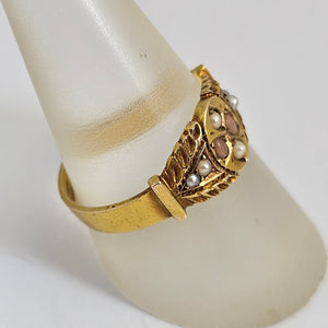 Coral and Seed Pearl 18k Gold English Hallmark 1888 Ring Size UK R Antique Victorian