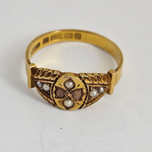 Coral and Seed Pearl 18k Gold English Hallmark 1888 Ring Size UK R Antique Victorian