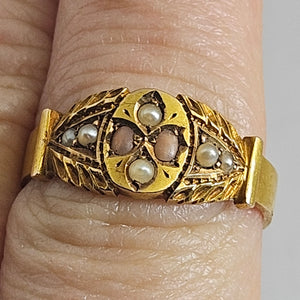 Coral and Seed Pearl 18k Gold English Hallmark 1888 Ring Size UK R Antique Victorian