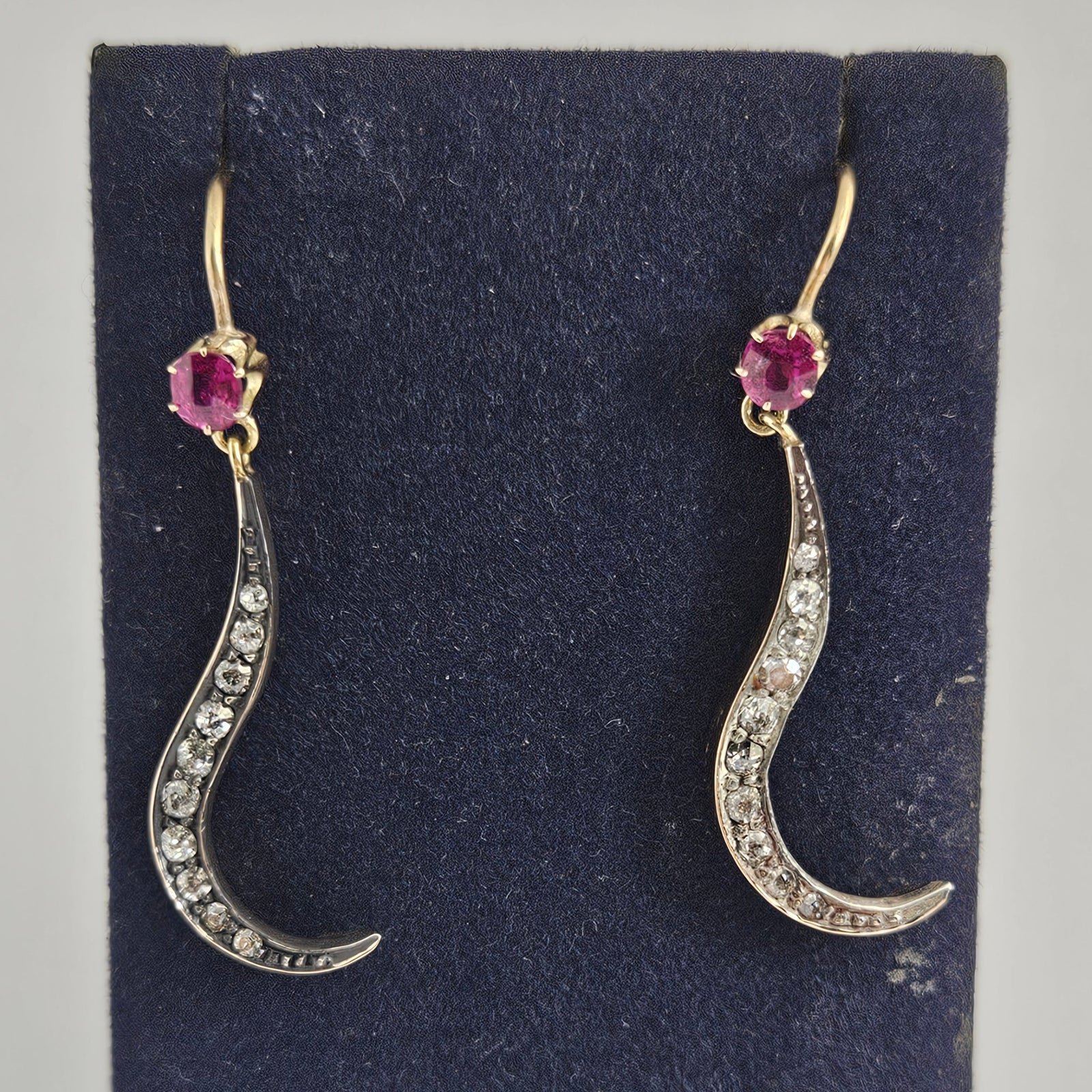 Ruby and Diamond set in 9k Gold and Sterling Silver Dangling Pendant Earrings Antique Victorian
