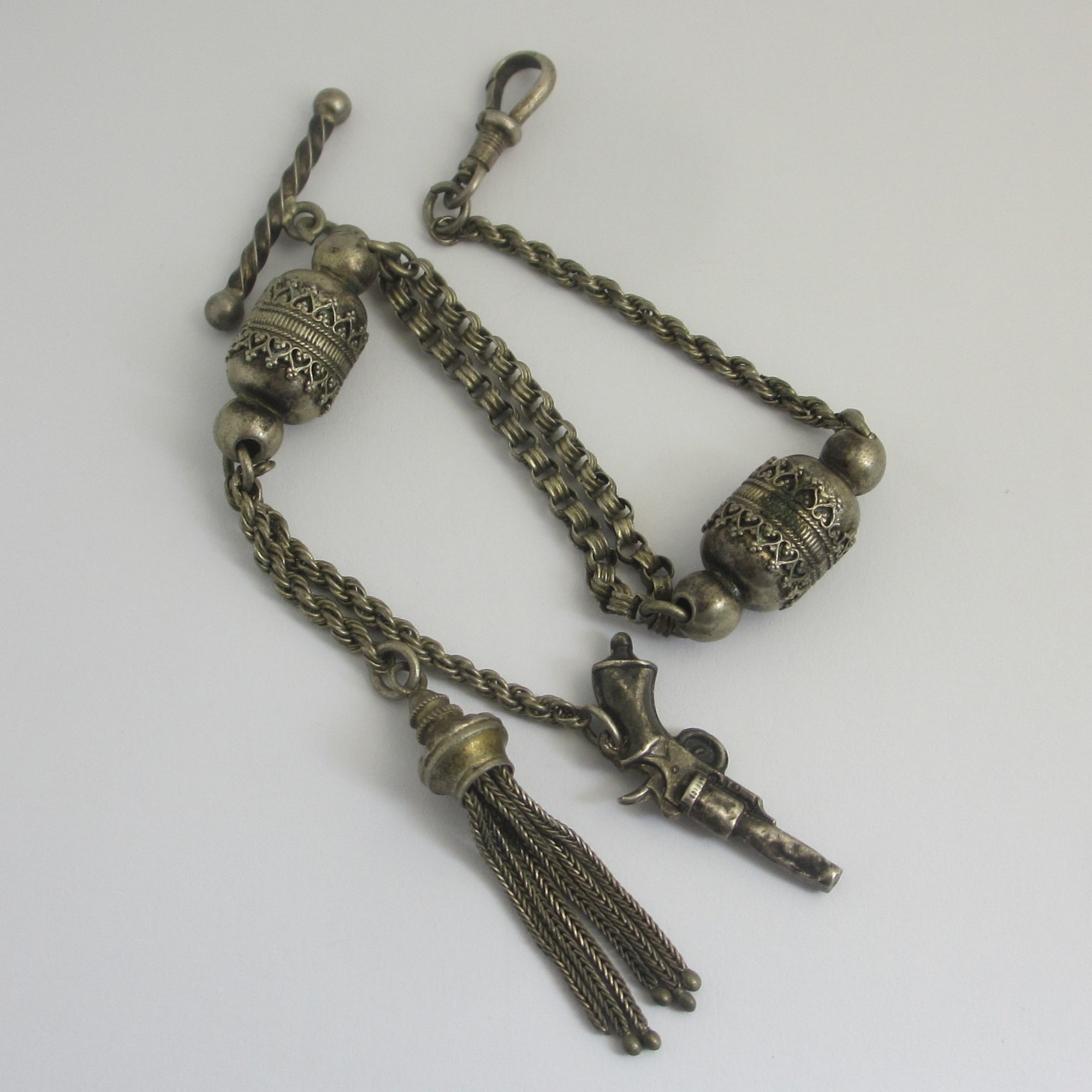 Ladies Albertina Watch Chain Bracelet with Tassel & Charm in Sterling Silver Antique Victorian c1860