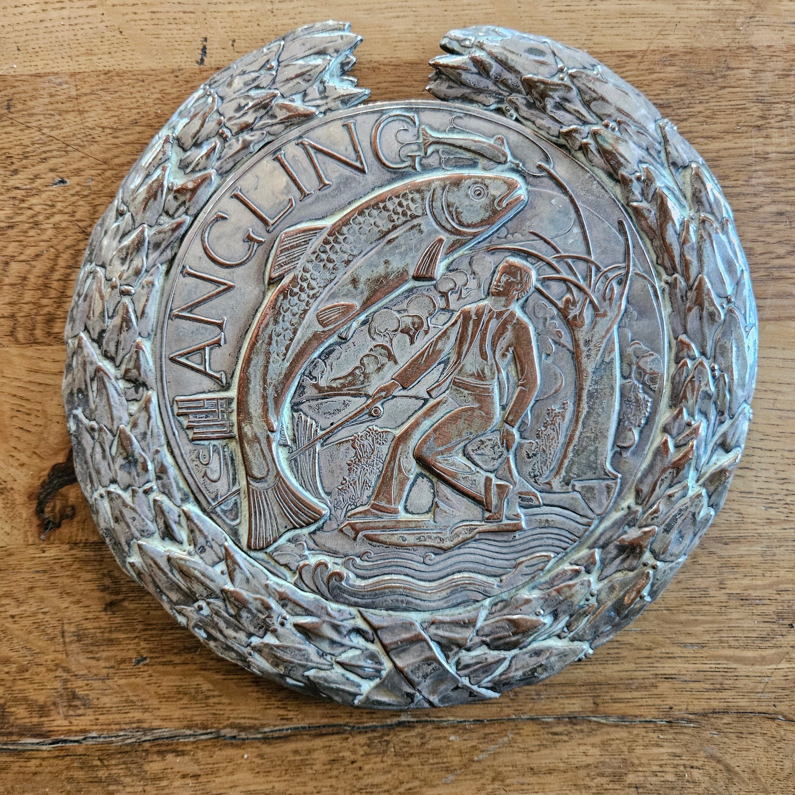 Angling Fishing Plaque Sheffield Plate Antique Victorian c1890