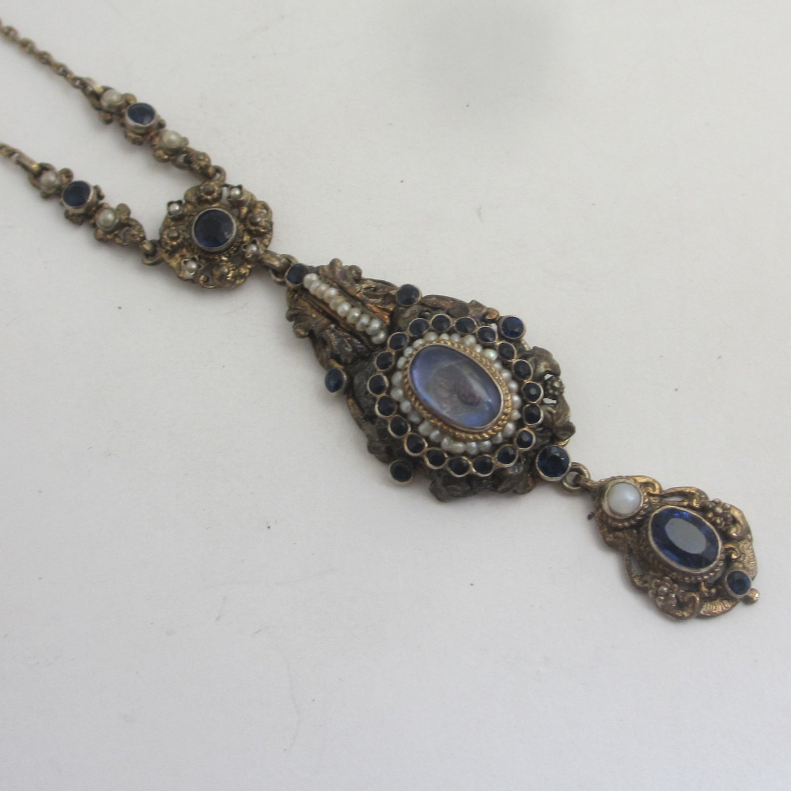 Austro Hungarian Water Opal Seed Pearl Sterling Silver Dangling Pendant Necklace Antique 