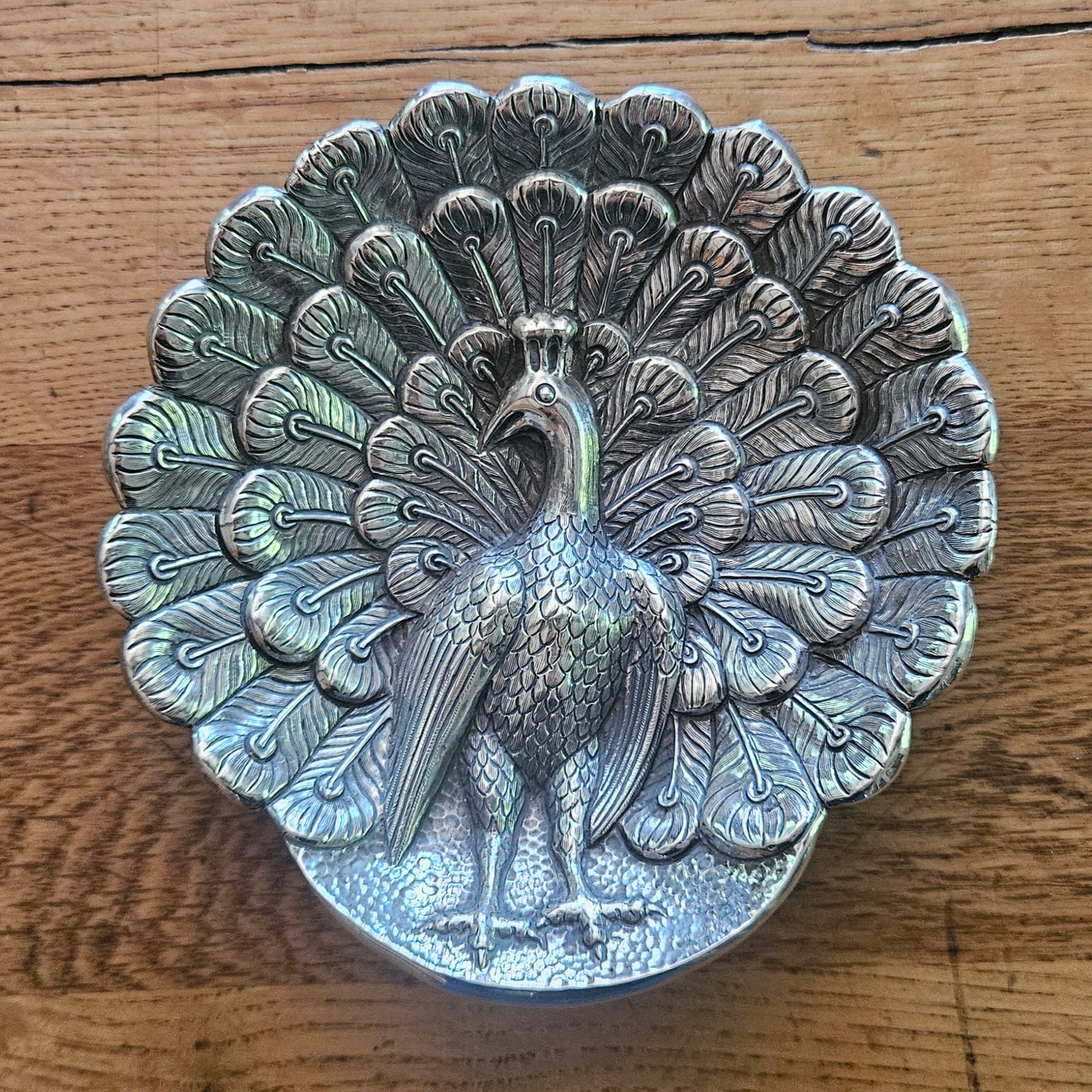 Peacock Bird Chinese Sterling Silver Coin Dish Antique Victorian c1890