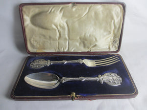 Boxed Christmas Sterling Silver Cutlery Spoon and Fork Antique Edwardian 1905