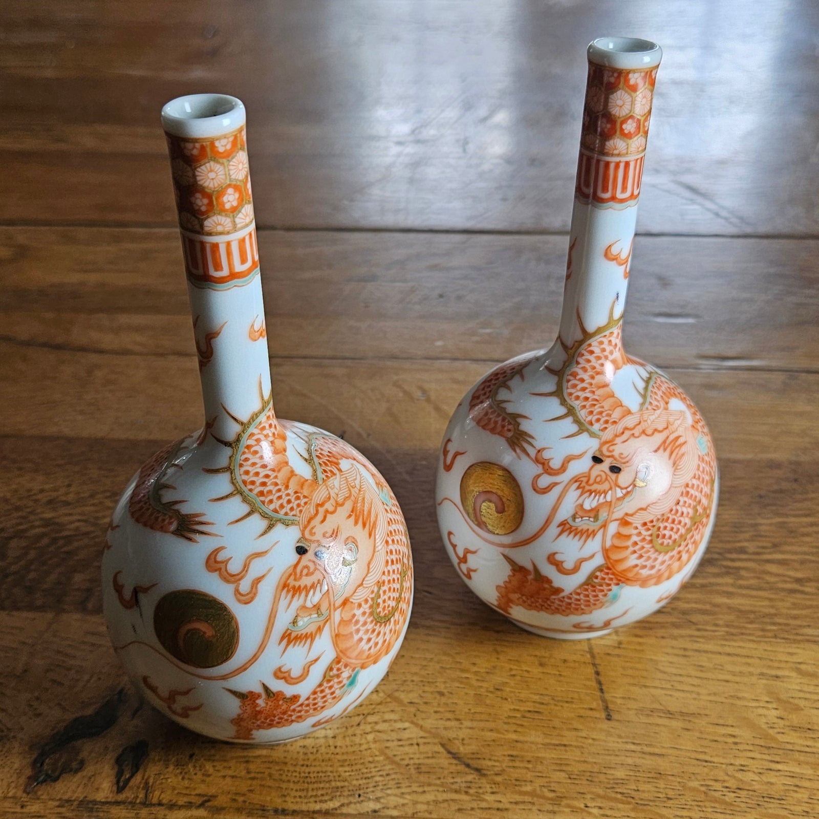 Pair of Oriental Da Qing Guangxu Nian Zhi Kinyir of the great Qing Dynasty Iron Red Dragon Bottle Vases Antique c1890