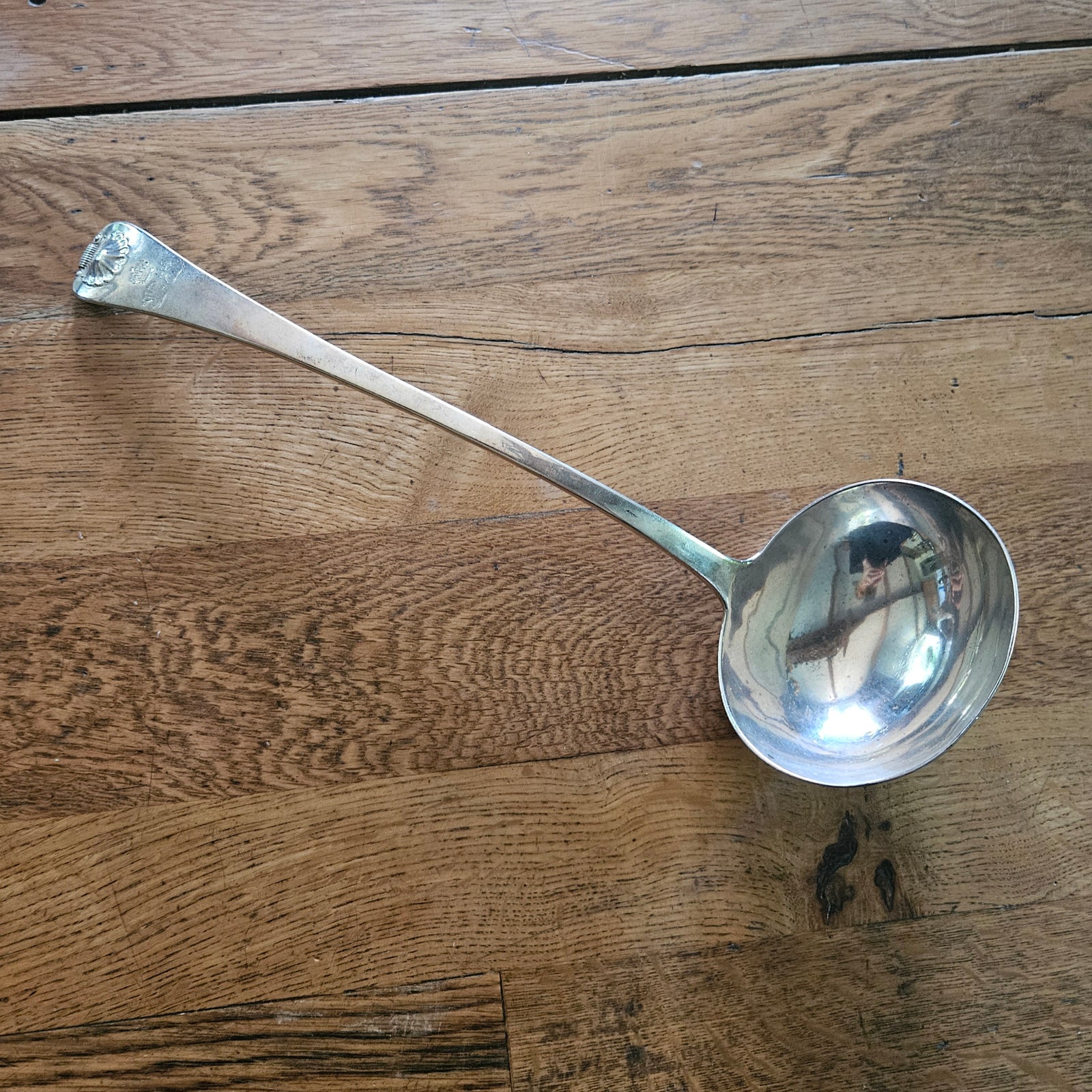 Shell and Inscribed Crest Detailing English Sterling Silver Ladle Cutlery by William Collins Antique Georgian
