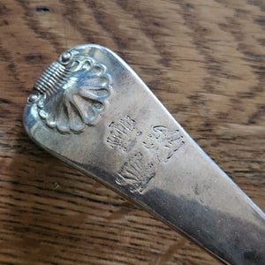 Shell and Inscribed Crest Detailing English Sterling Silver Ladle Cutlery by William Collins Antique Georgian