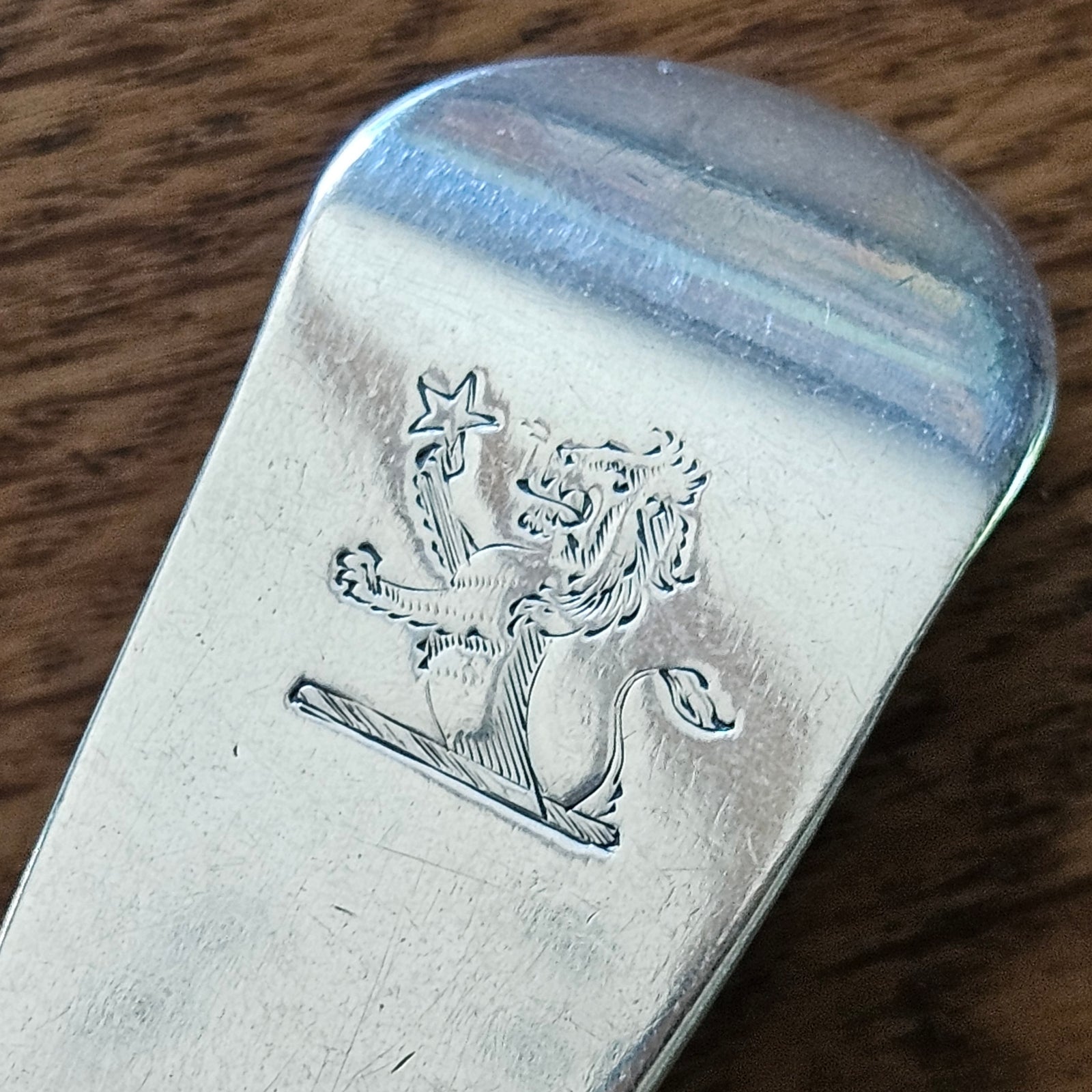 Rampant Lion Heraldic Crest English Sterling Silver Stuffing Spoon by William Eley and William Fearn Antique Georgian