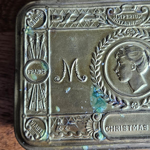 WWI 1914 Queen Mary Christmas Tin Gilded Brass Antique