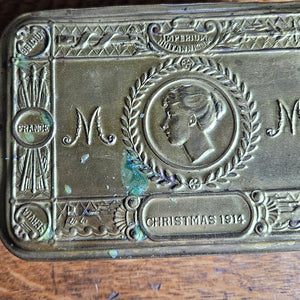 WWI 1914 Queen Mary Christmas Tin Gilded Brass Antique